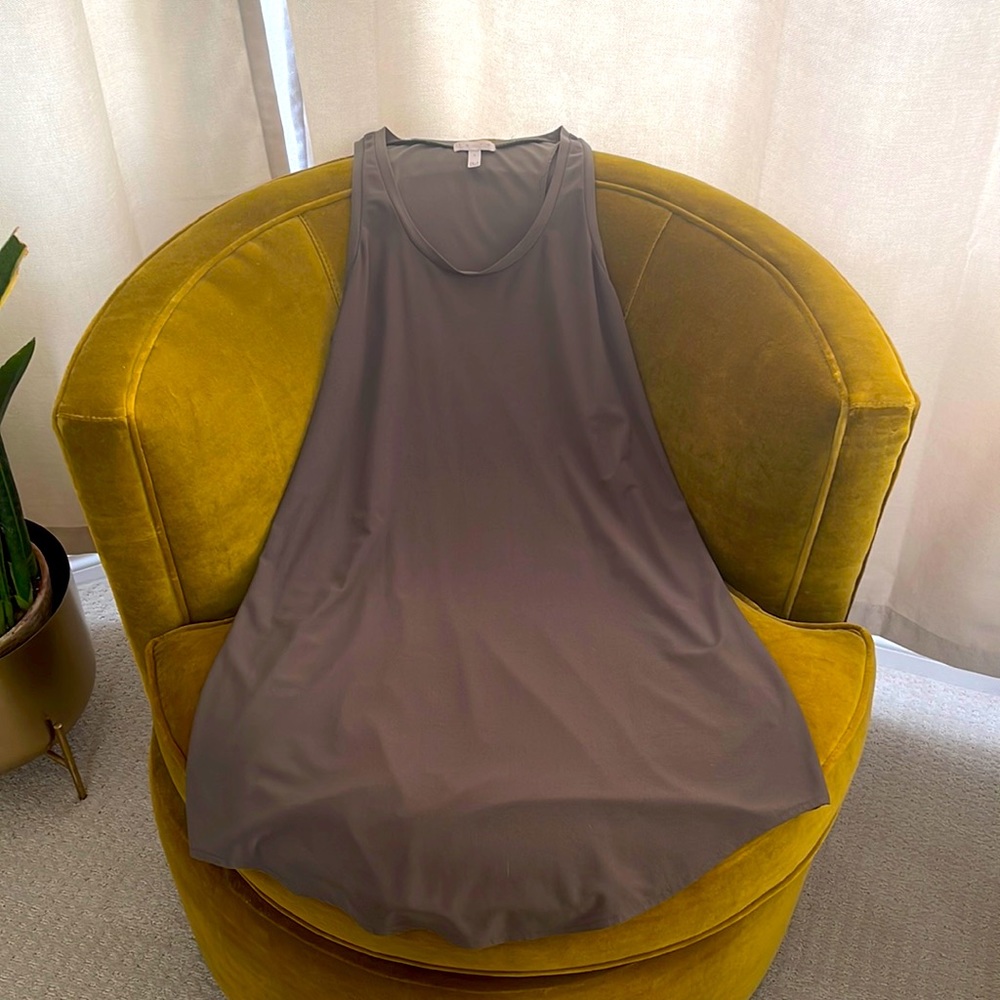 Olive green, mid-length Leith dress.
